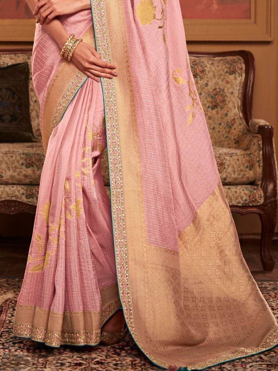 Pink saree with gold embroidery and border, elegant ethnic wear for women