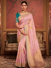 Perfect Pink Zari Weaving Dola Silk Reception Wear Saree with Blouse