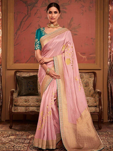 Perfect Pink Zari Weaving Dola Silk Reception Wear Saree with Blouse