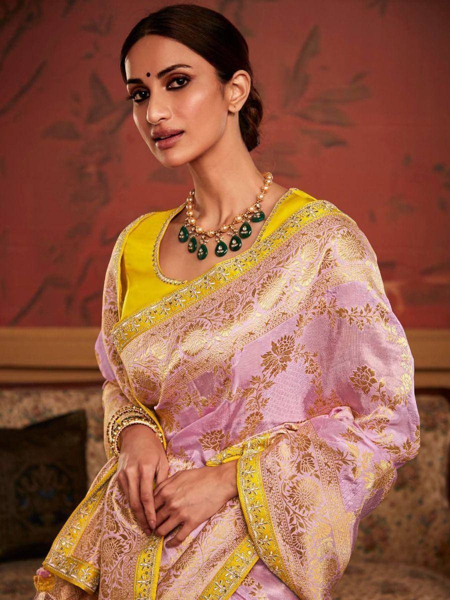 Pink and gold embroidered saree with yellow blouse, perfect for Indian ethnic wear occasions