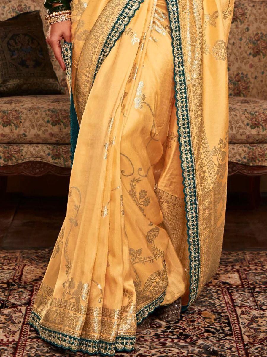 Sunshine Yellow Zari Weaving Dola Silk Reception Wear Saree With Blouse