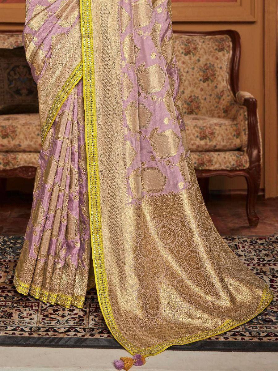 Lavender and gold designer saree with intricate zari work and yellow border, perfect for ethnic occasions