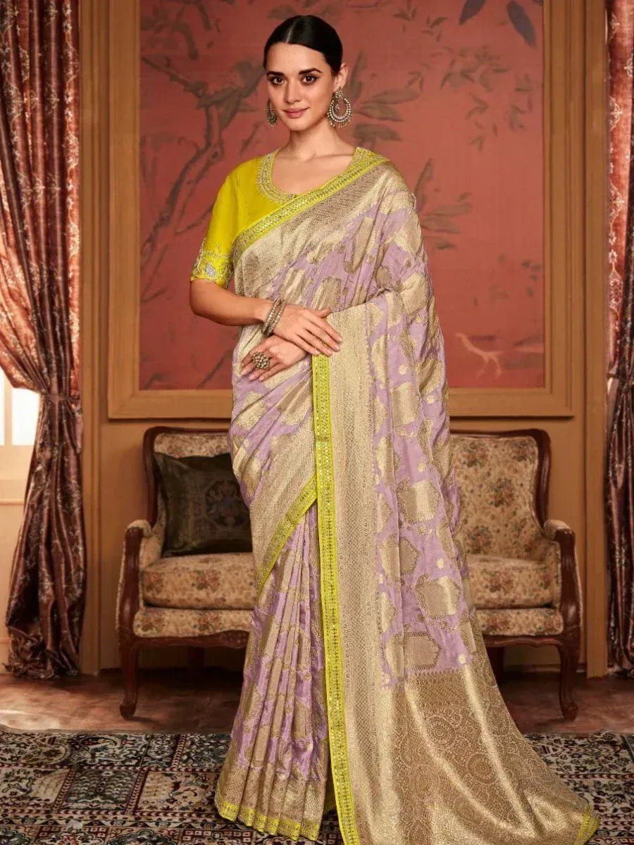 Elegant lavender and gold saree with yellow blouse, perfect for Indian ethnic occasions