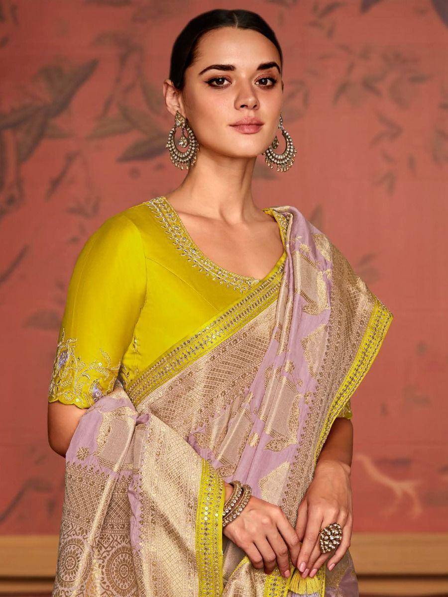 Yellow and lavender designer saree with gold embroidery, perfect for ethnic occasions