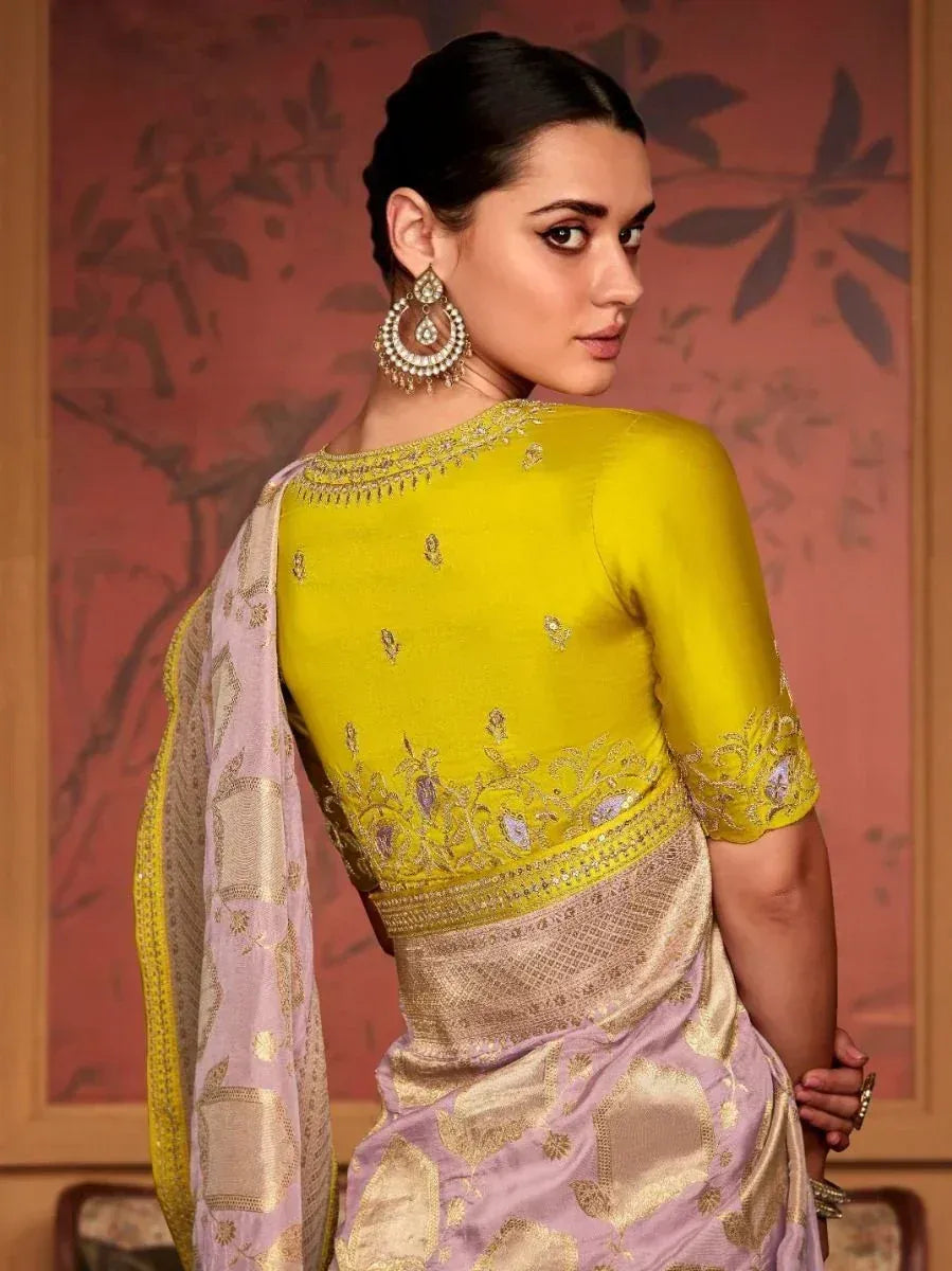 Yellow embroidered blouse with lavender saree, ethnic Indian wear for women