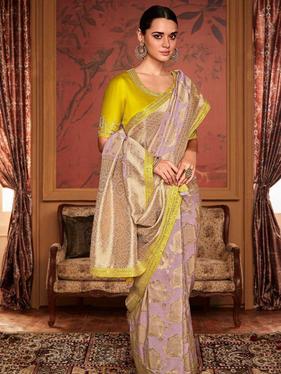 Lavender and gold embroidered saree with yellow blouse, Indian ethnic wear for women