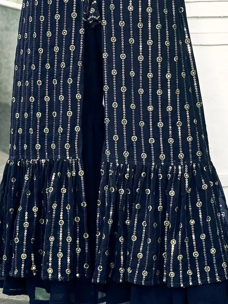 Navy blue ethnic sharara with gold sequin embroidery and ruffled hem design