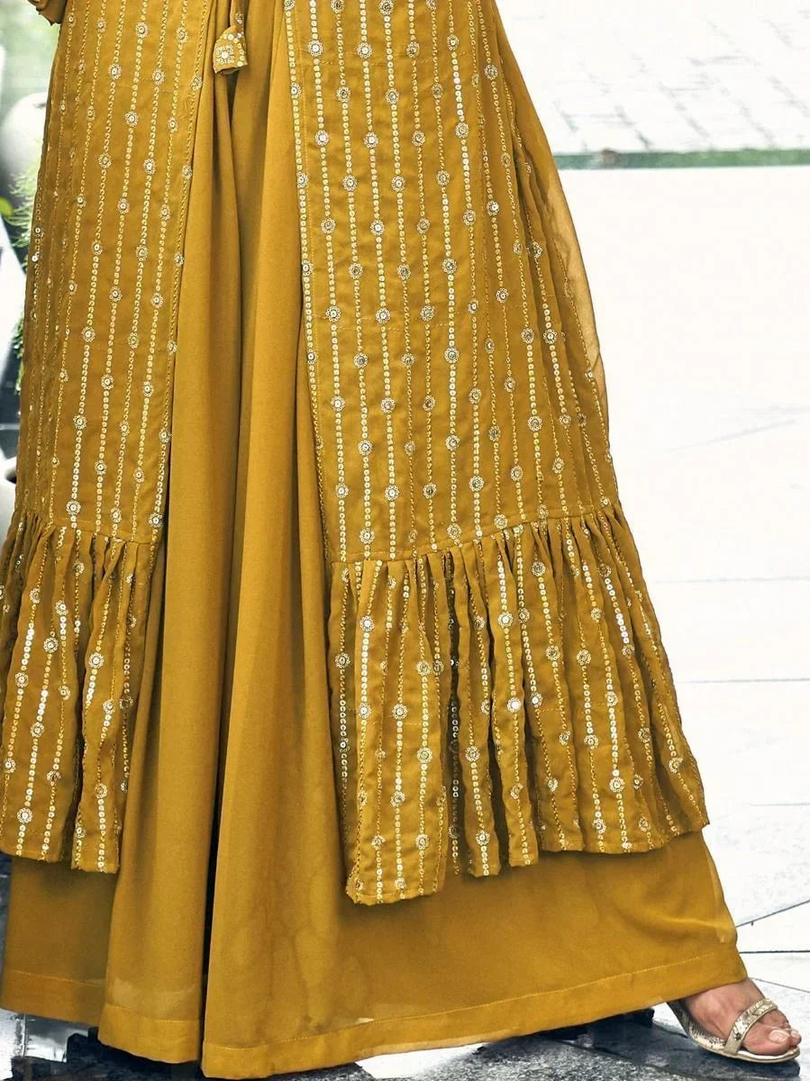 Mustard yellow embroidered ethnic gown with sequin detailing and flared hem