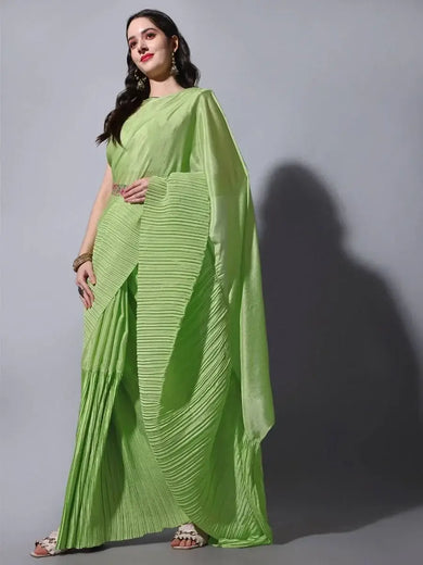 Spectacular Pastel Green Chinon Party Wear Crushed Saree
