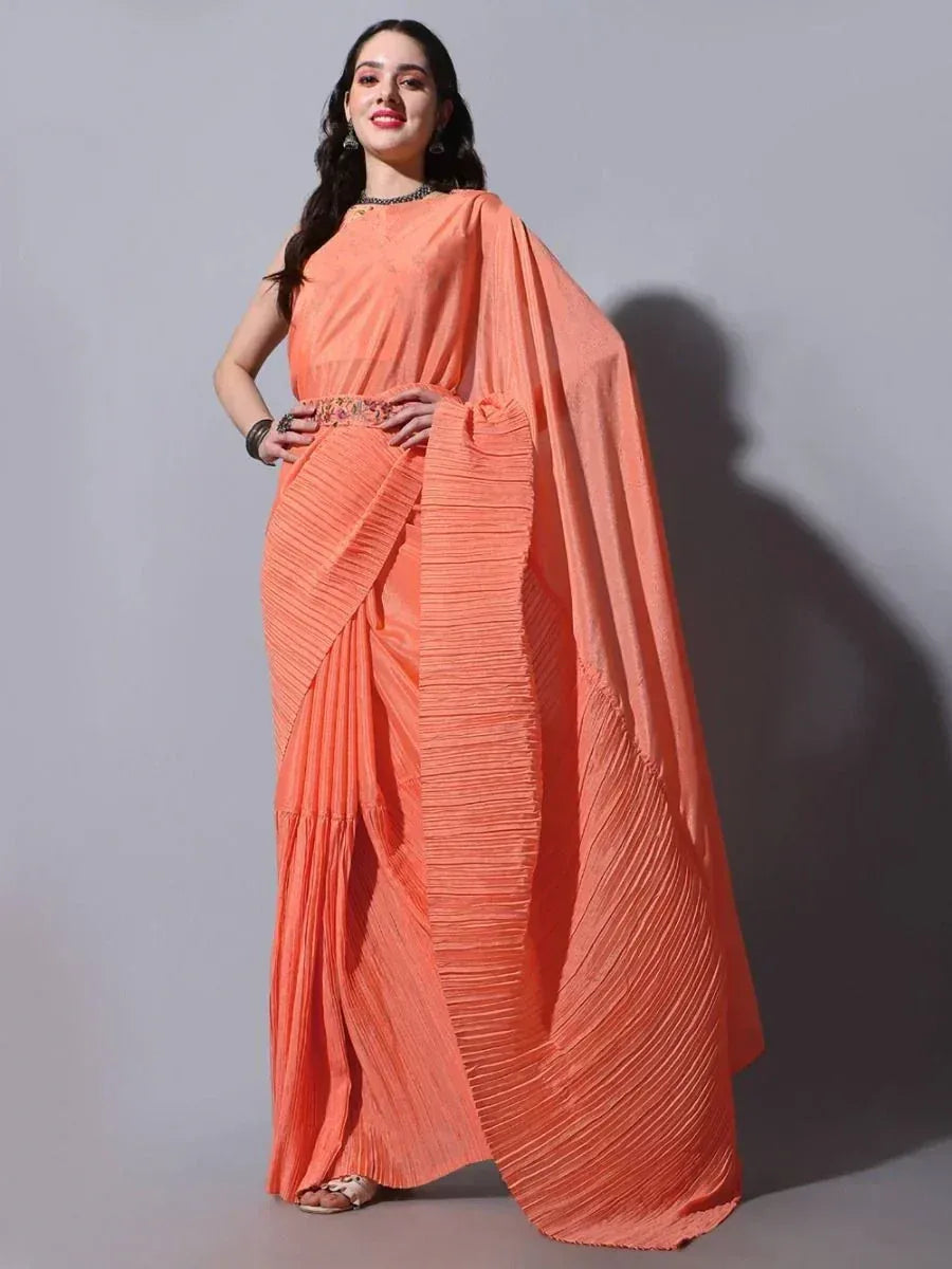 Orange pleated saree with embroidered blouse, stylish ethnic wear for women
