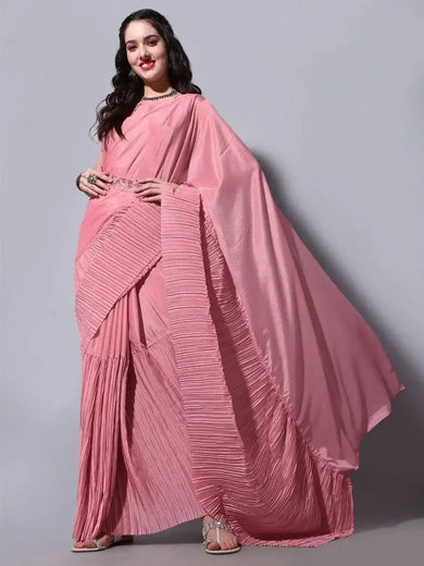 Endearing Pink Chinon Bollywood Crushed Saree With Blouse