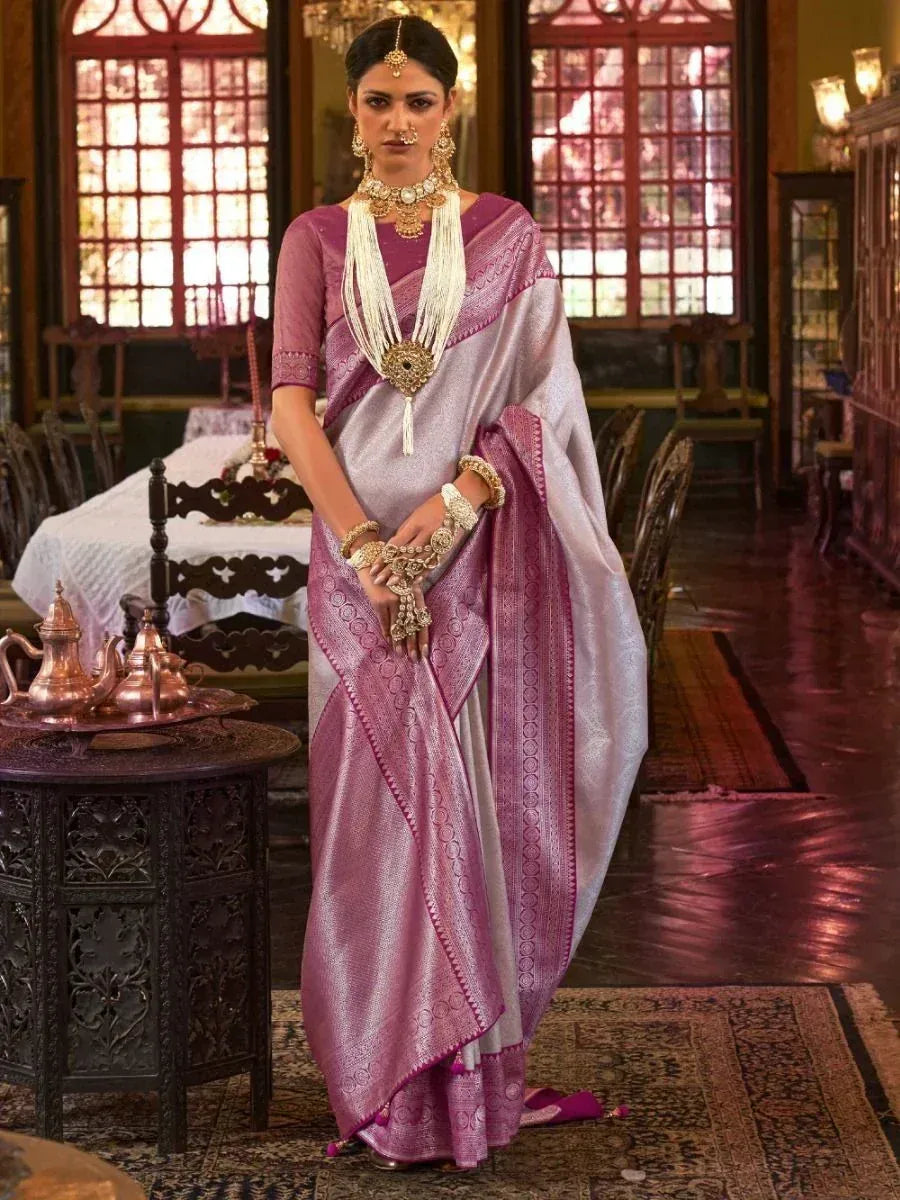 Fascinating Silver Heavy Weaving Kanjivaram Silk Wedding Wear Saree