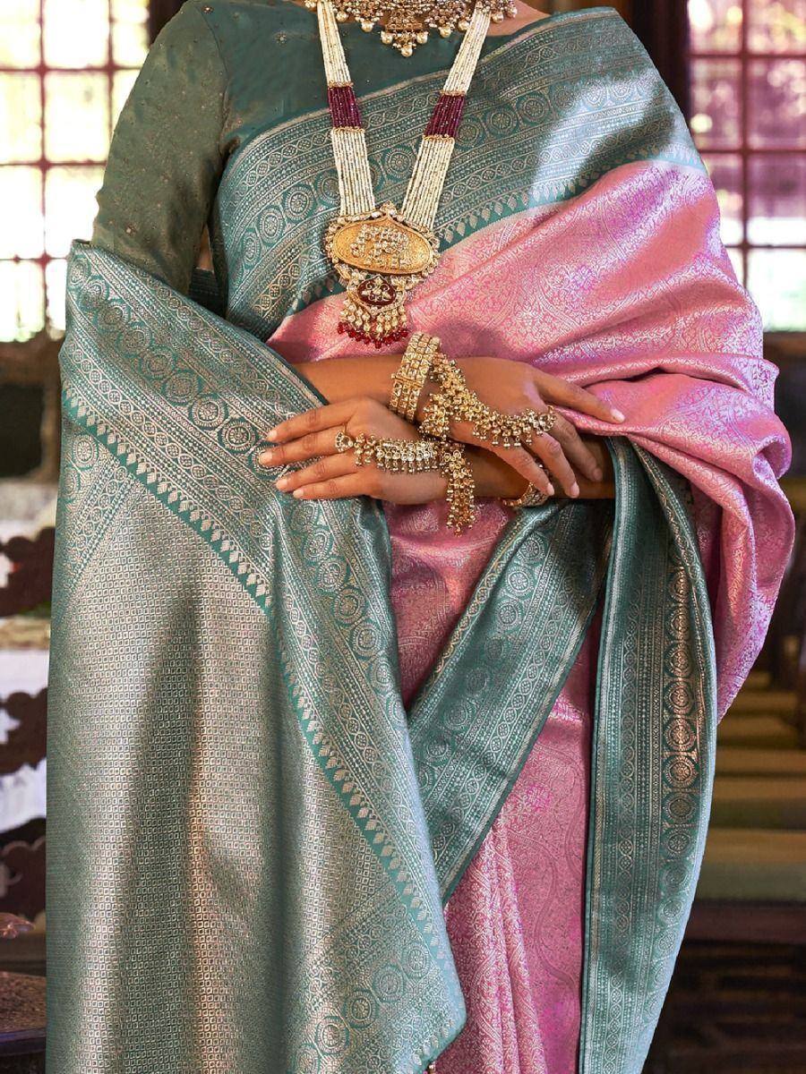 Mesmerizing Pink Heavy Woven Kanjivaram Silk Festive Wear Saree