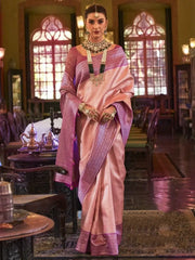 Beautiful Peach Zari Weaving Kanjivaram Silk Engagement Wear Saree