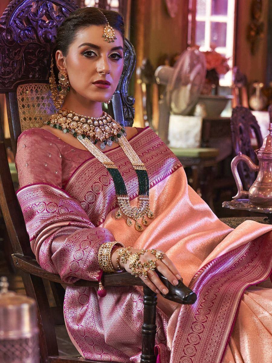 Beautiful Peach Zari Weaving Kanjivaram Silk Engagement Wear Saree