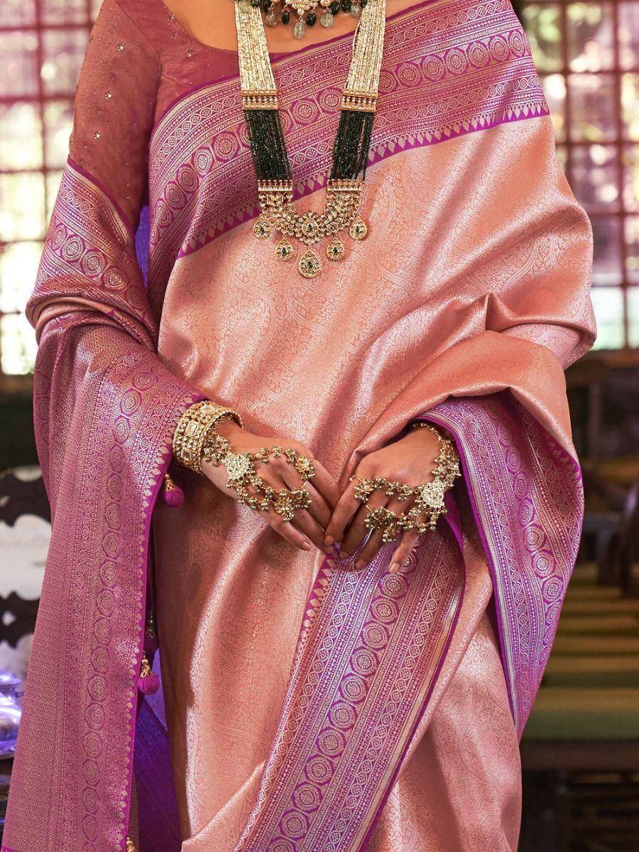 Beautiful Peach Zari Weaving Kanjivaram Silk Engagement Wear Saree