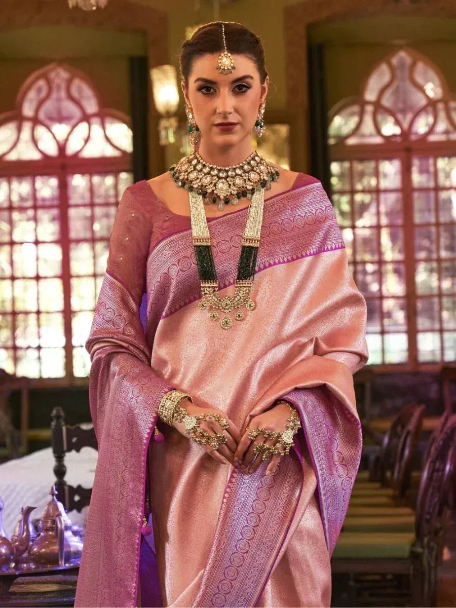 Beautiful Peach Zari Weaving Kanjivaram Silk Engagement Wear Saree