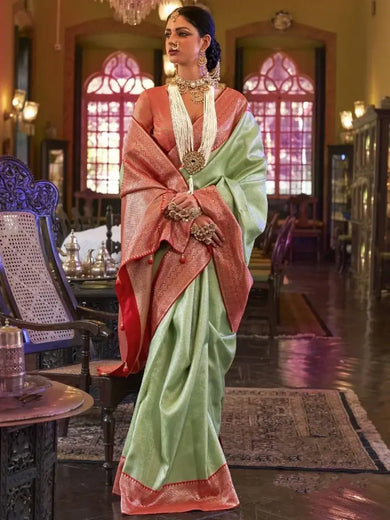 Superb Pastel Green Zari Woven Kanjivaram Silk Sangeet Wear Saree