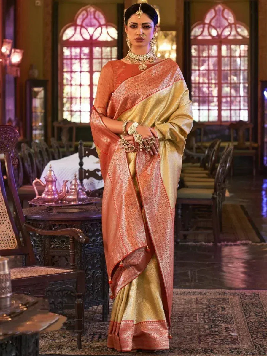 Marvelous Yellow Zari Woven kanjivaram Silk Haldi Wear Saree