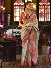 Astonishing Cream Heavy Weaving Kanjivaram Silk Wedding Wear Saree