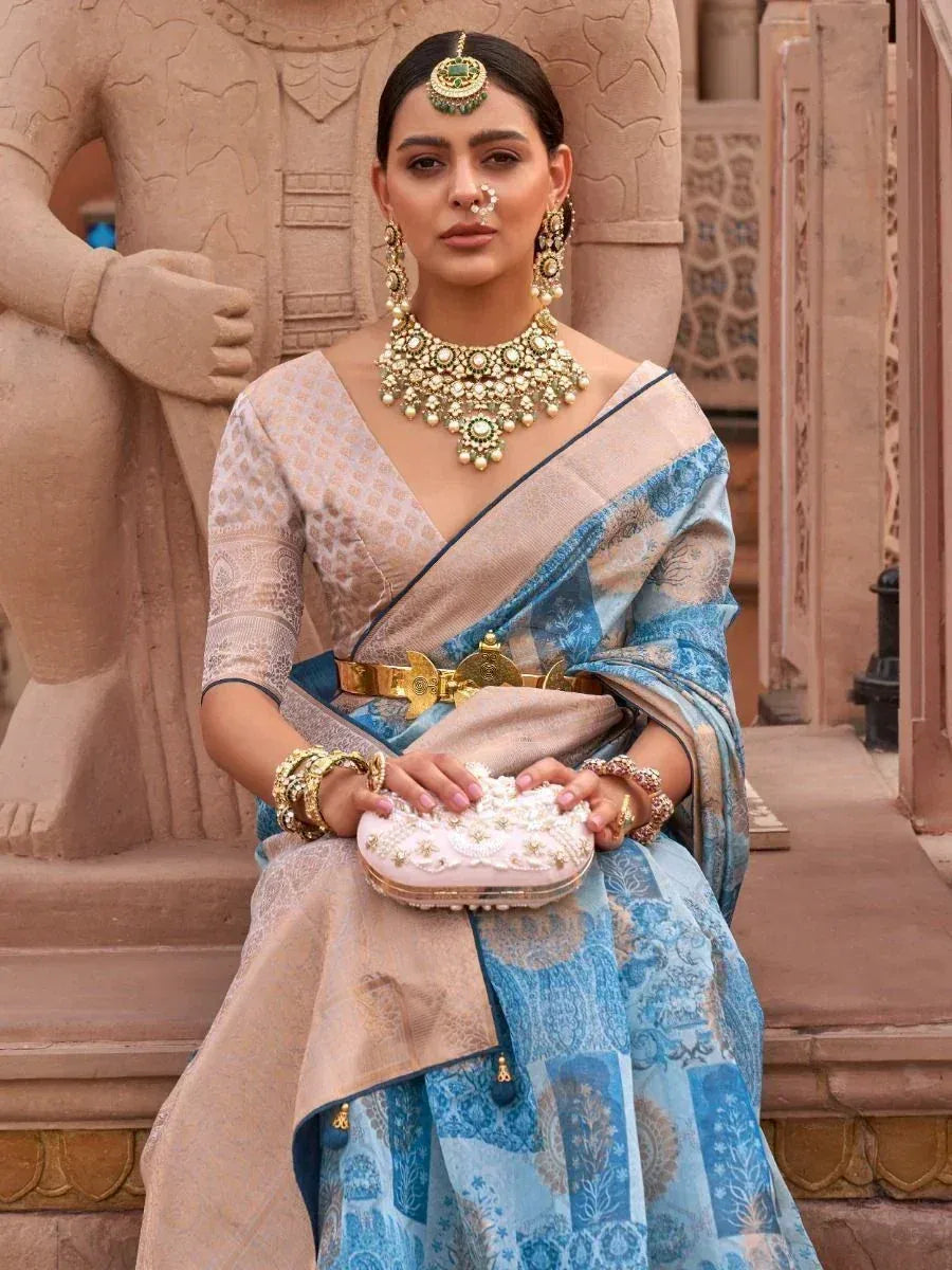 Elegant woman in blue and beige printed saree with gold jewelry, traditional Indian ethnic wear