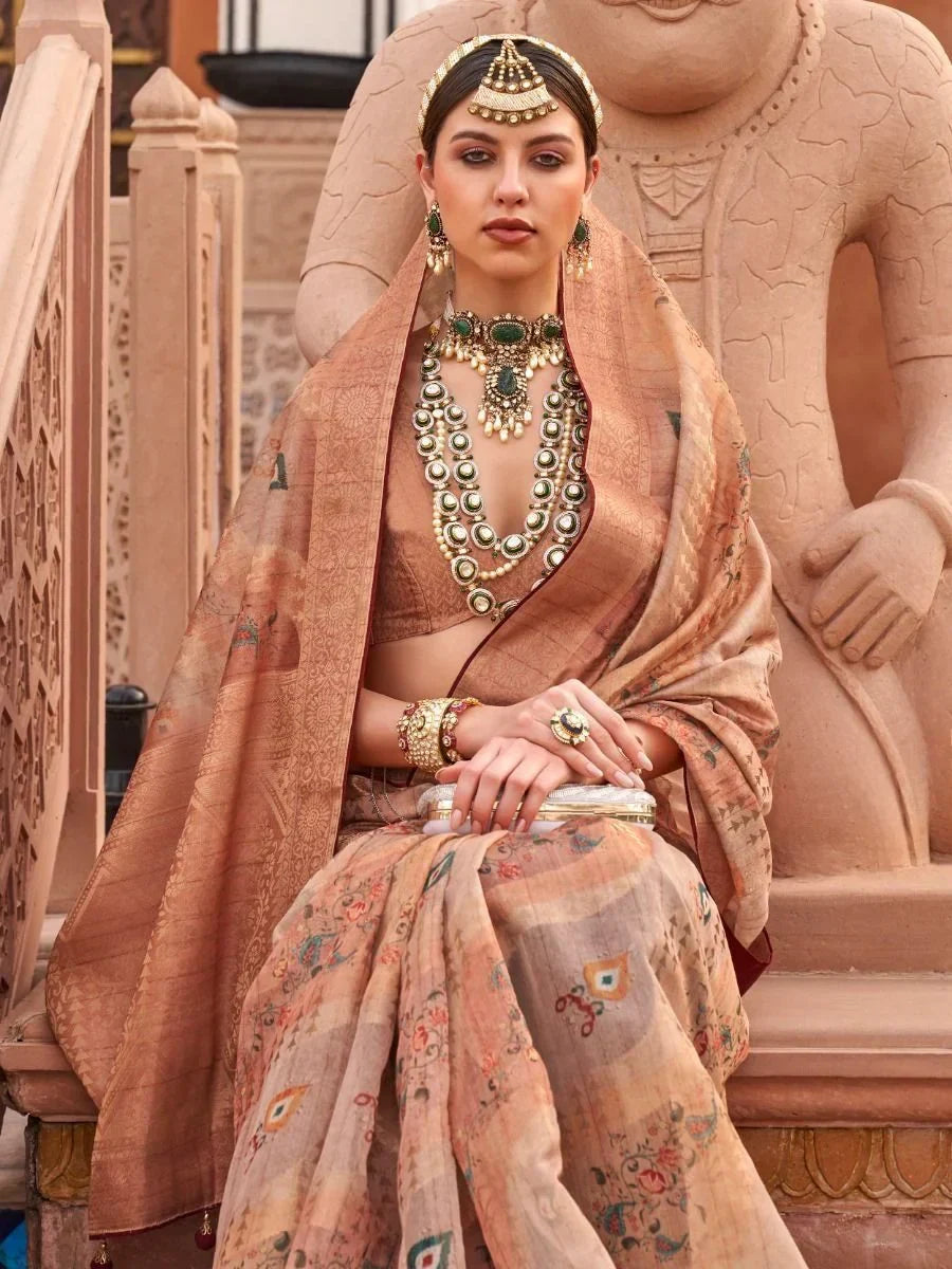 Perfect Peach Digital Print Organza Occasion Wear Saree & Blouse