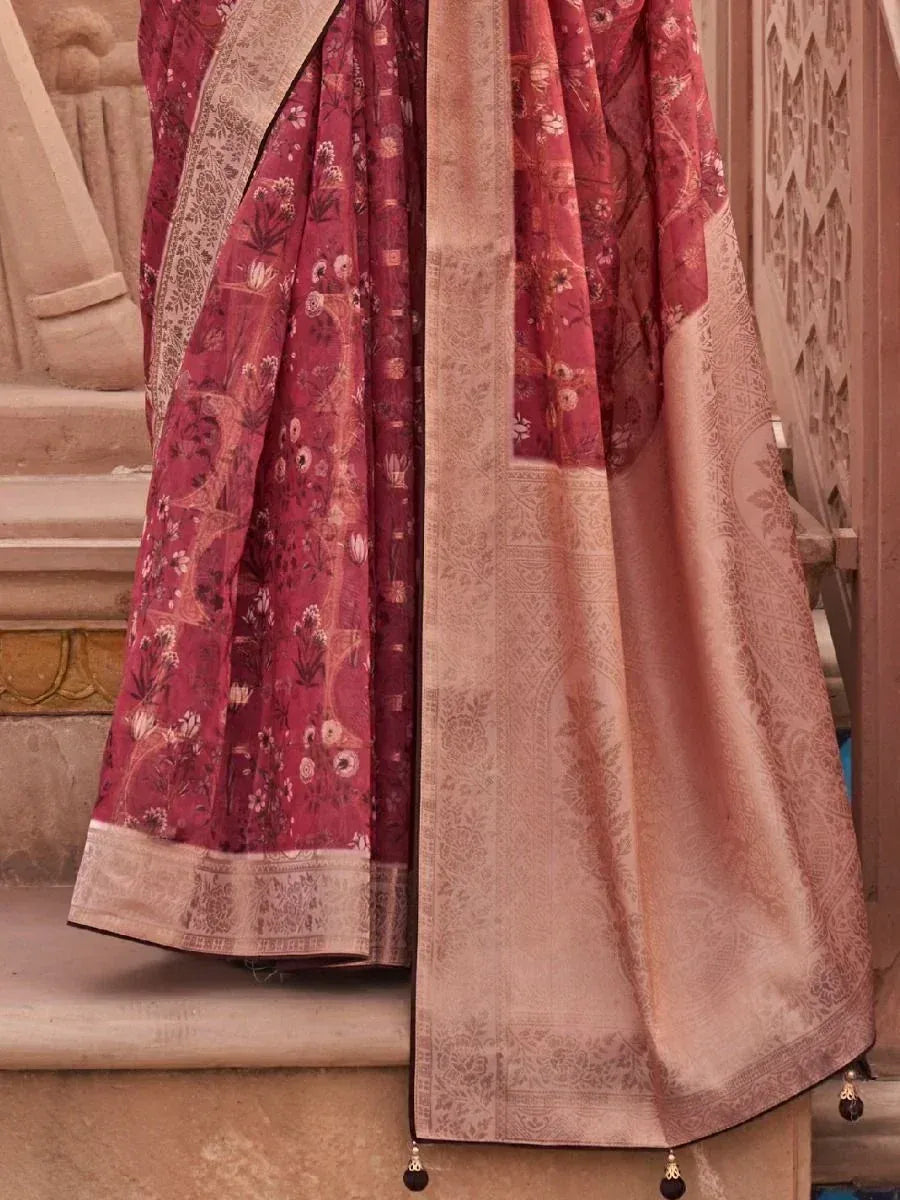 Elegant maroon floral saree with gold border, perfect for Indian ethnic occasions