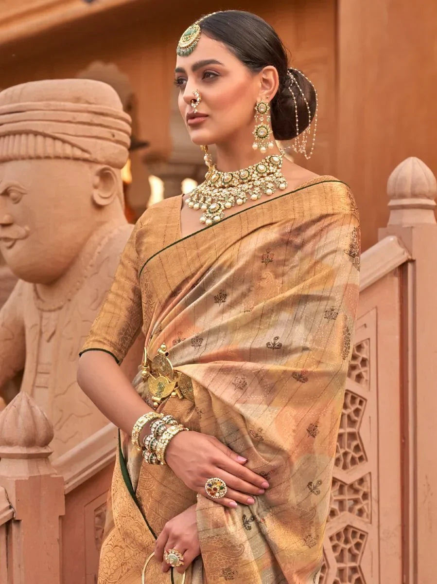 Styling Beige Digital Print Organza Occasion Wear Saree & Blouse