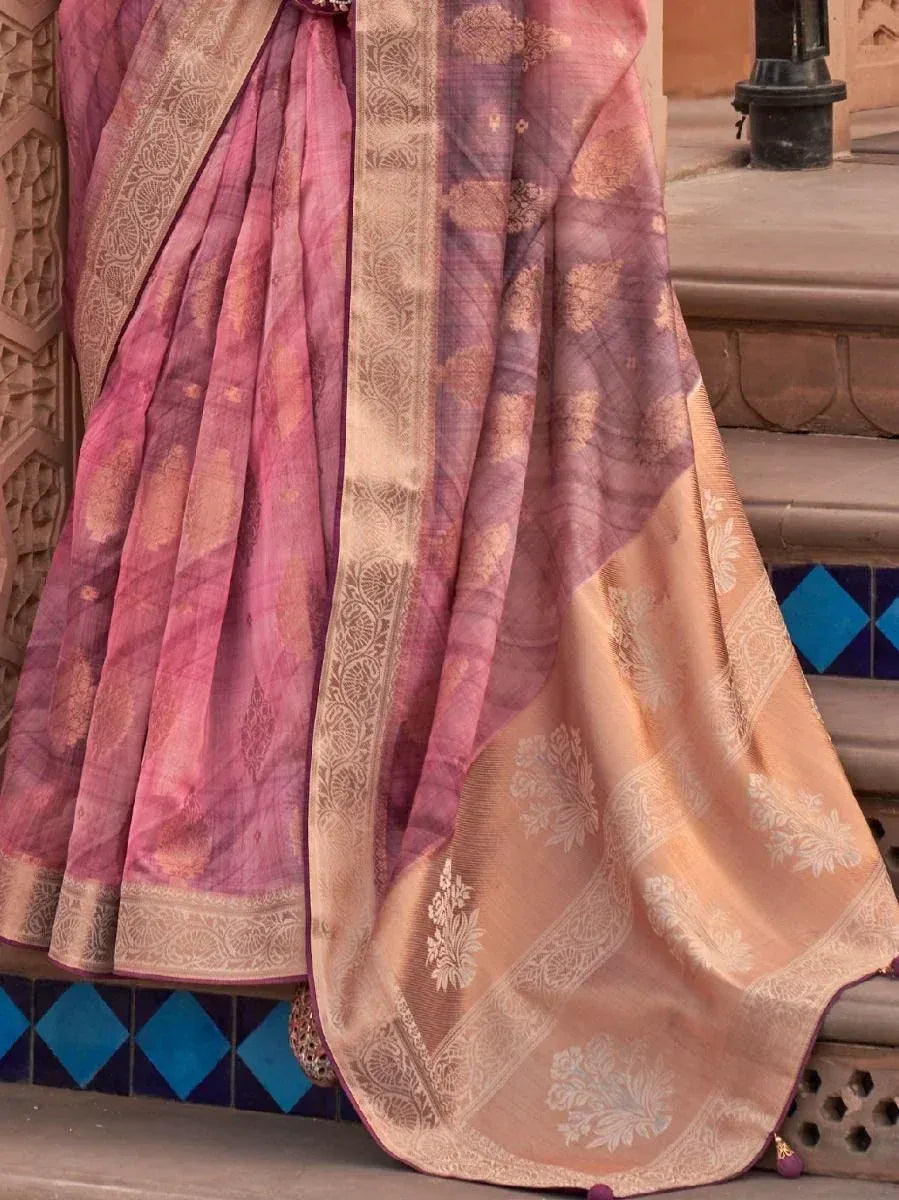 Pink and beige designer saree with gold floral motifs and intricate border, perfect for ethnic occasions