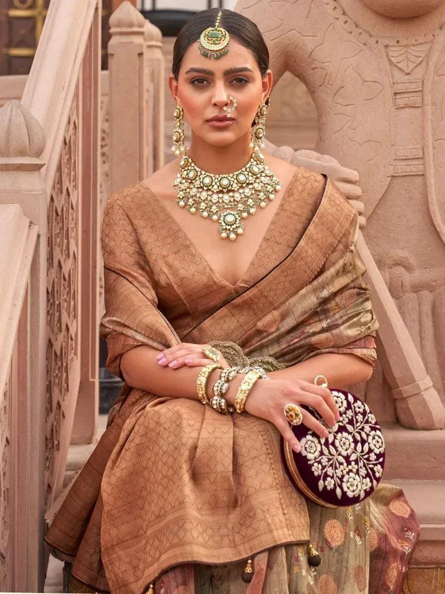 Elegant Indian woman in designer saree with traditional jewelry and embroidered clutch, perfect for ethnic occasions.
