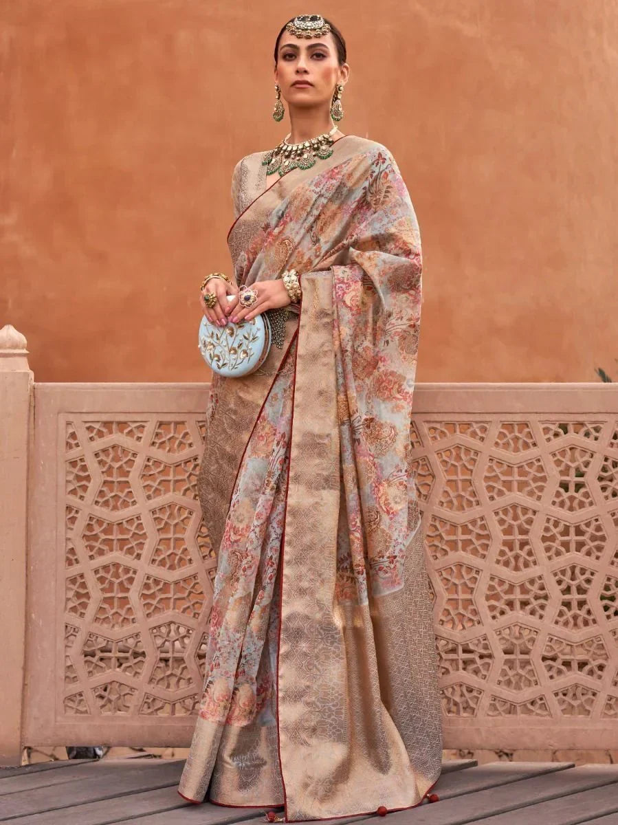 Sparkle Grey Digital Print Organza Occasion Wear Saree & Blouse