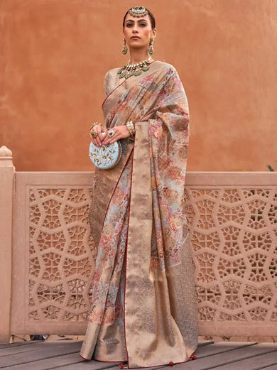 Sparkle Grey Digital Print Organza Occasion Wear Saree & Blouse