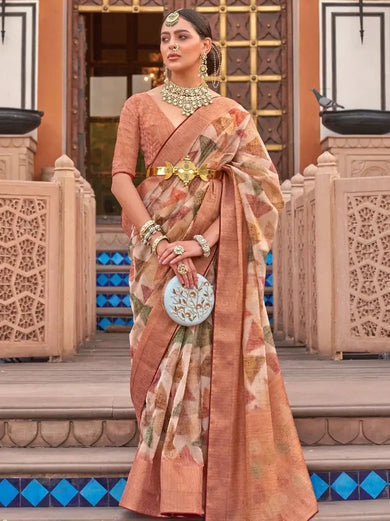 Dazzling Multi-Coloured Digital Print Organza Reception Saree & Blouse