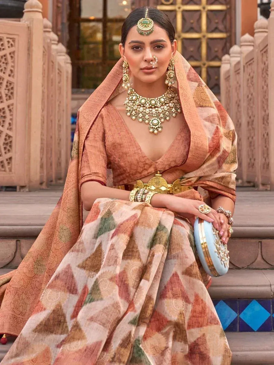 Elegant Indian lehenga choli with geometric print, gold jewelry, and dupatta for festive occasions