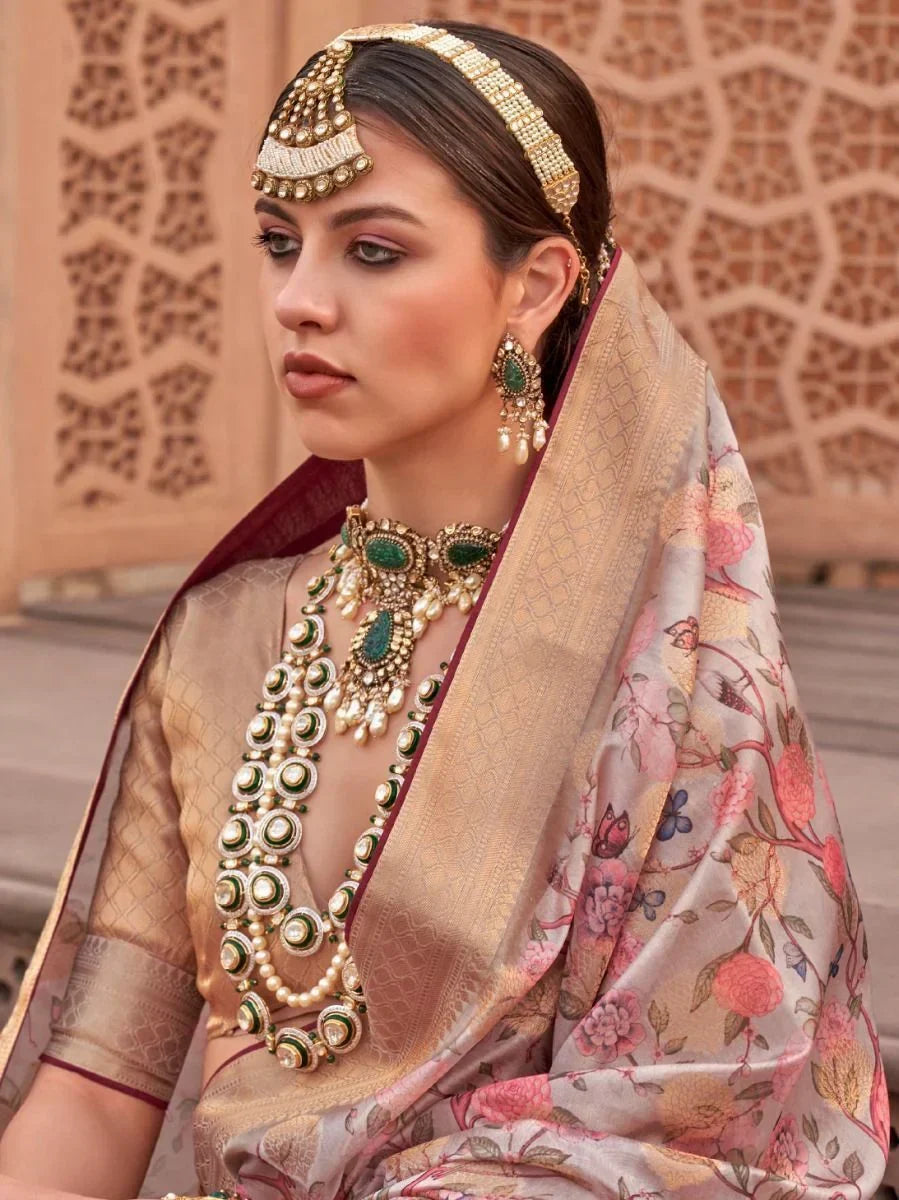 Blossoming Pink Floral Printed Organza Reception Saree and Blouse