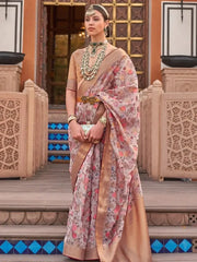 Blossoming Pink Floral Printed Organza Reception Saree and Blouse