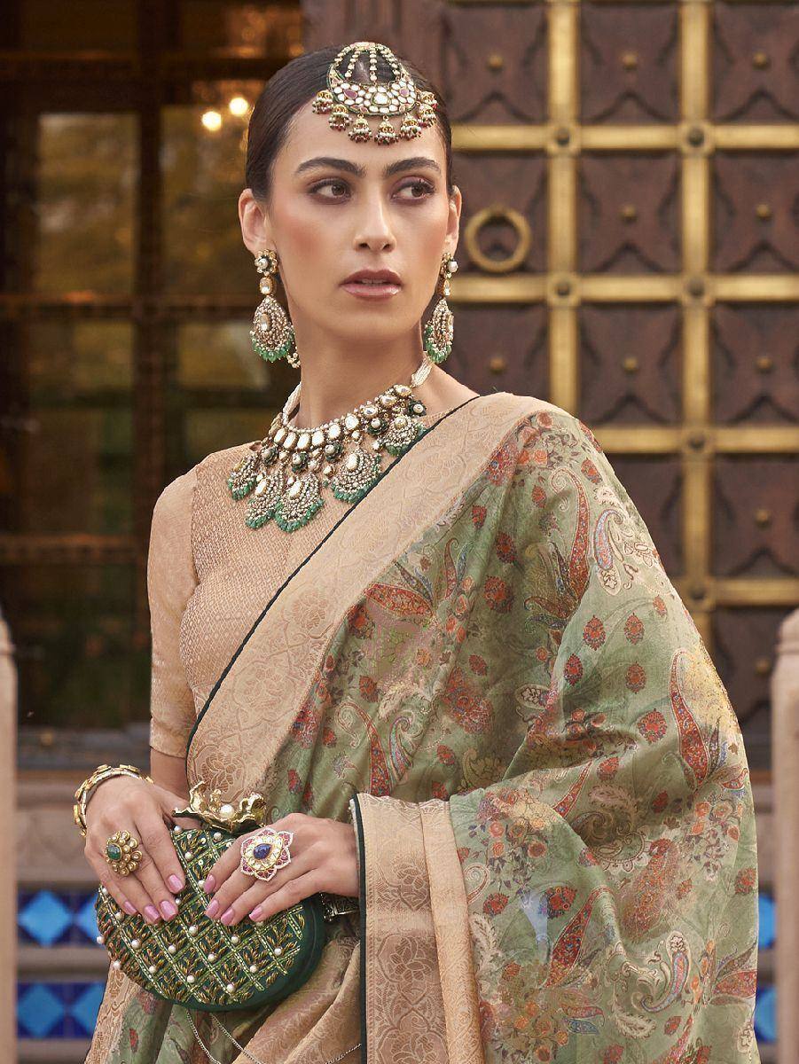 Elegant Indian saree with paisley print, paired with traditional jewelry and clutch for festive occasions.
