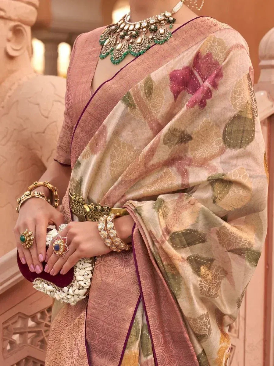 Elegant floral print saree with traditional jewelry, perfect for Indian ethnic occasions