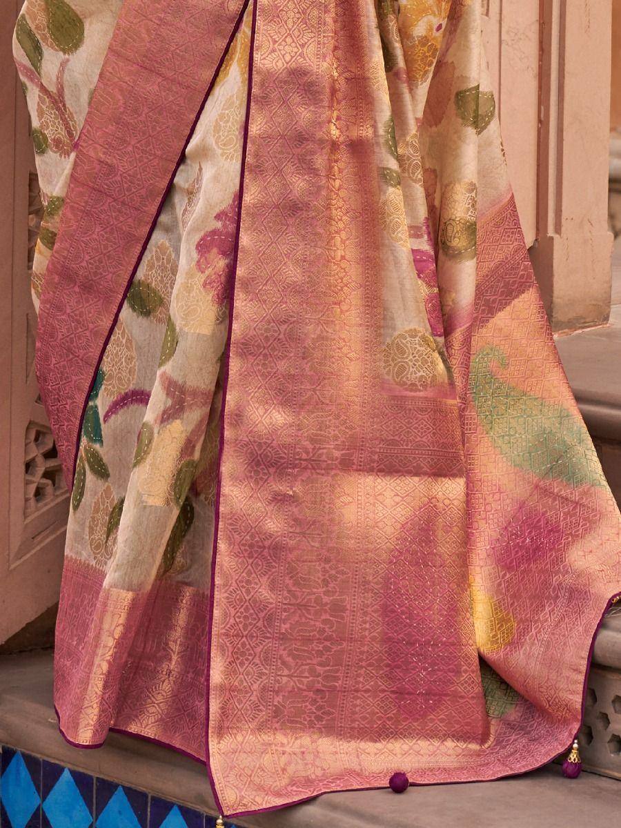 Pink floral designer saree with gold zari border, ethnic Indian wear