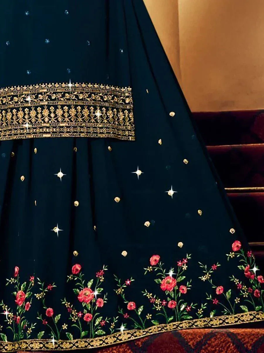 Dark blue lehenga with gold embroidery and pink floral border, Indian ethnic wear