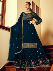 Stunning Navy Blue Embroidered Georgette Sangeet Lehenga Suits
