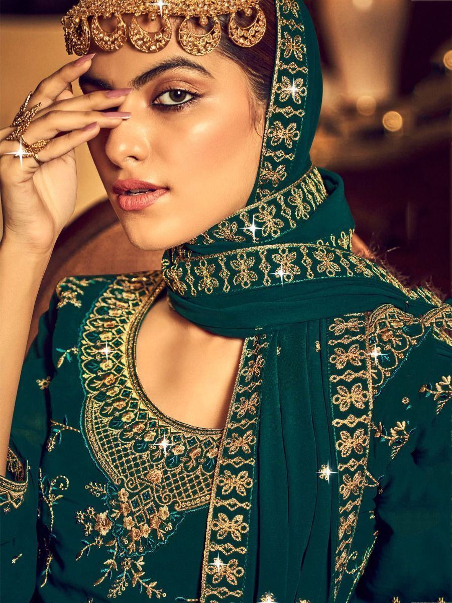 Dazzling Rama Embroidered Georgette Sangeet Wear Lehenga Suits