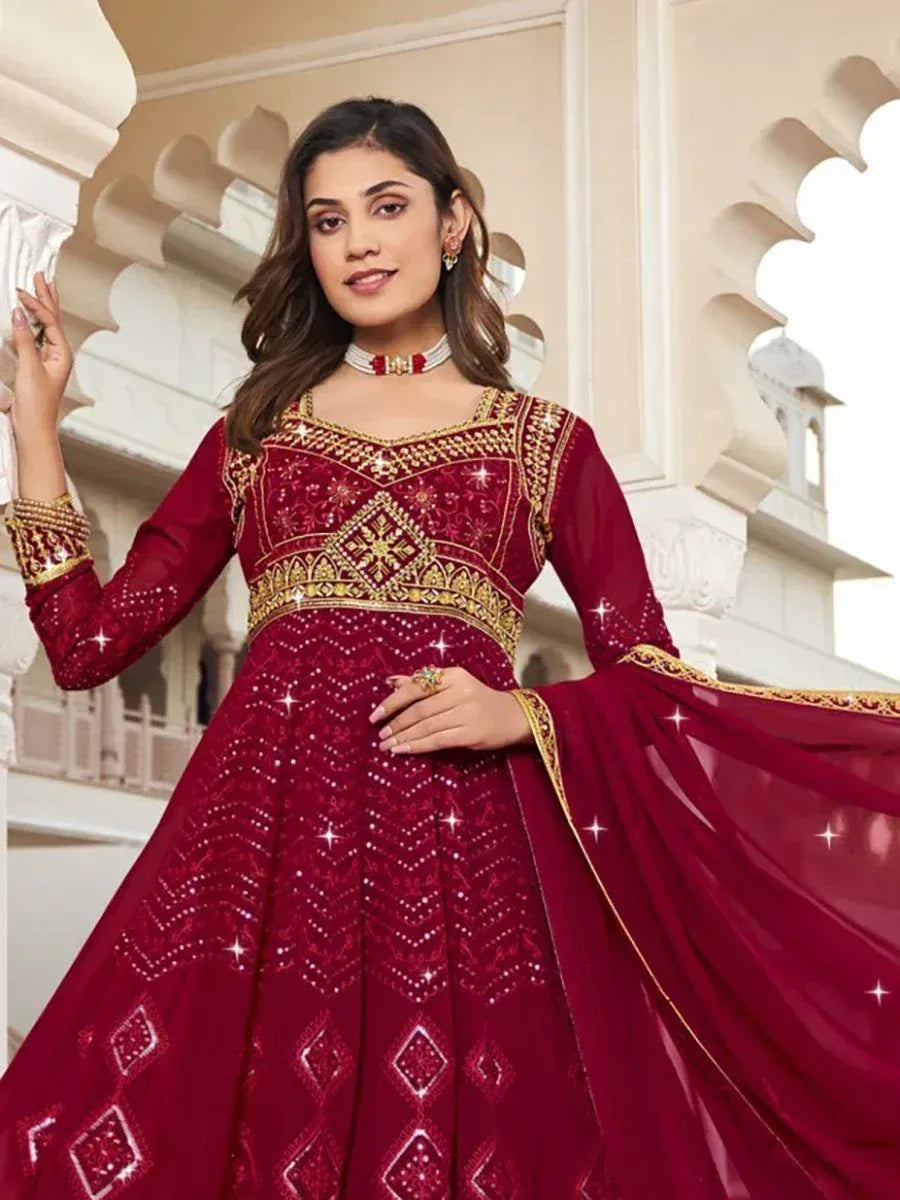 Maroon designer anarkali with gold embroidery, perfect for Indian ethnic wear occasions