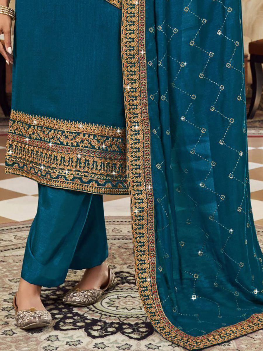 Teal designer salwar kameez with gold embroidery and mirror work, ethnic Indian wear