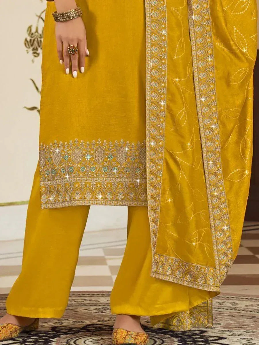 Yellow embroidered salwar kameez with embellished dupatta, ethnic Indian wear
