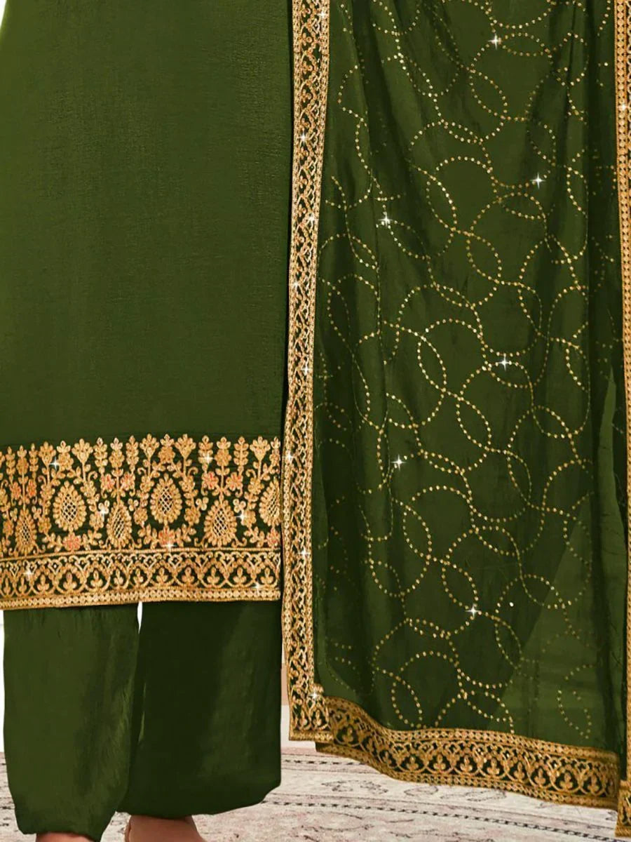 Olive green salwar kameez with gold embroidery and sequined dupatta, ethnic wear