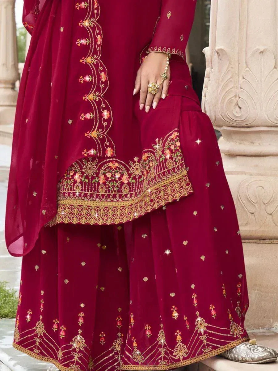 Maroon ethnic palazzo suit with gold embroidery and floral patterns, traditional Indian attire