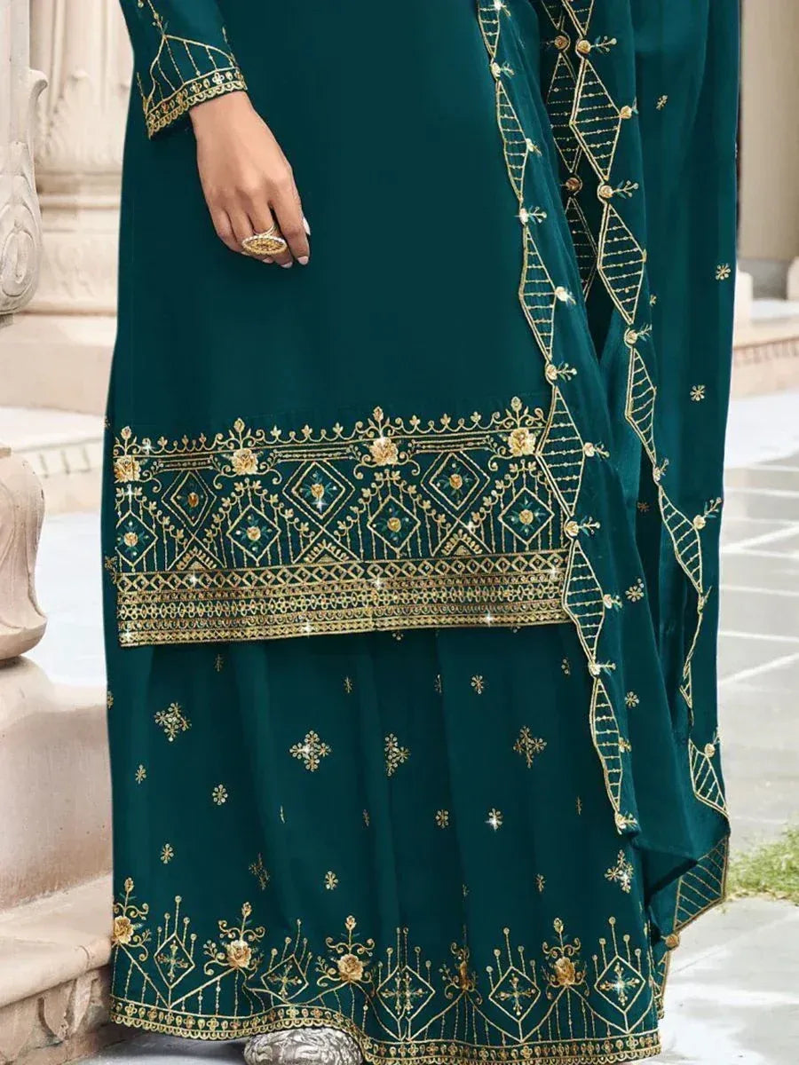 Teal green salwar kameez with gold embroidery and matching dupatta, elegant ethnic wear