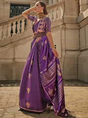 Sparkling Purple Woven Satin Silk Reception Wear Saree With Blouse