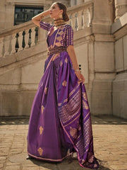 Sparkling Purple Woven Satin Silk Reception Wear Saree With Blouse